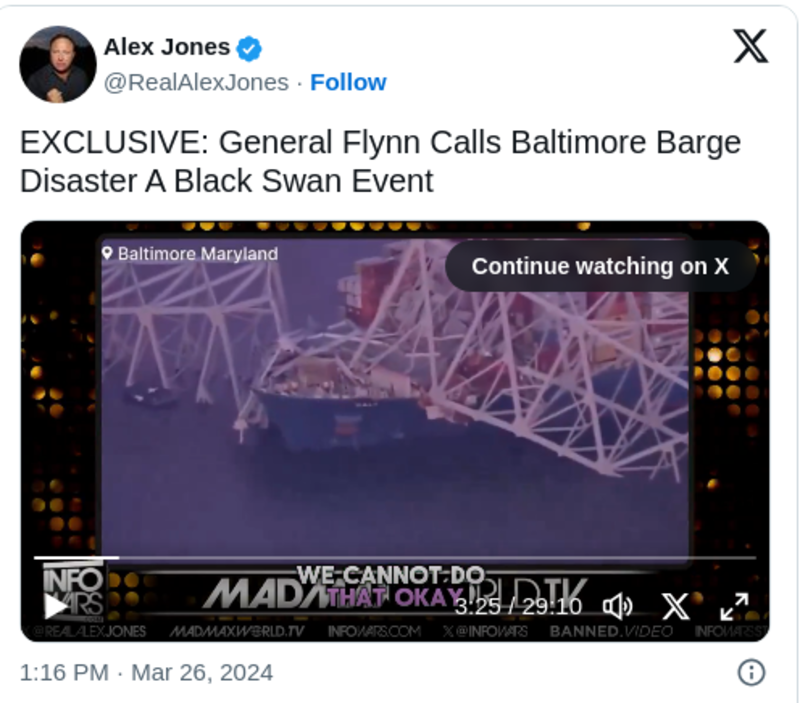 A “Black Swan Event” – General Flynn Raises Questions About Baltimore Bridge Collapse